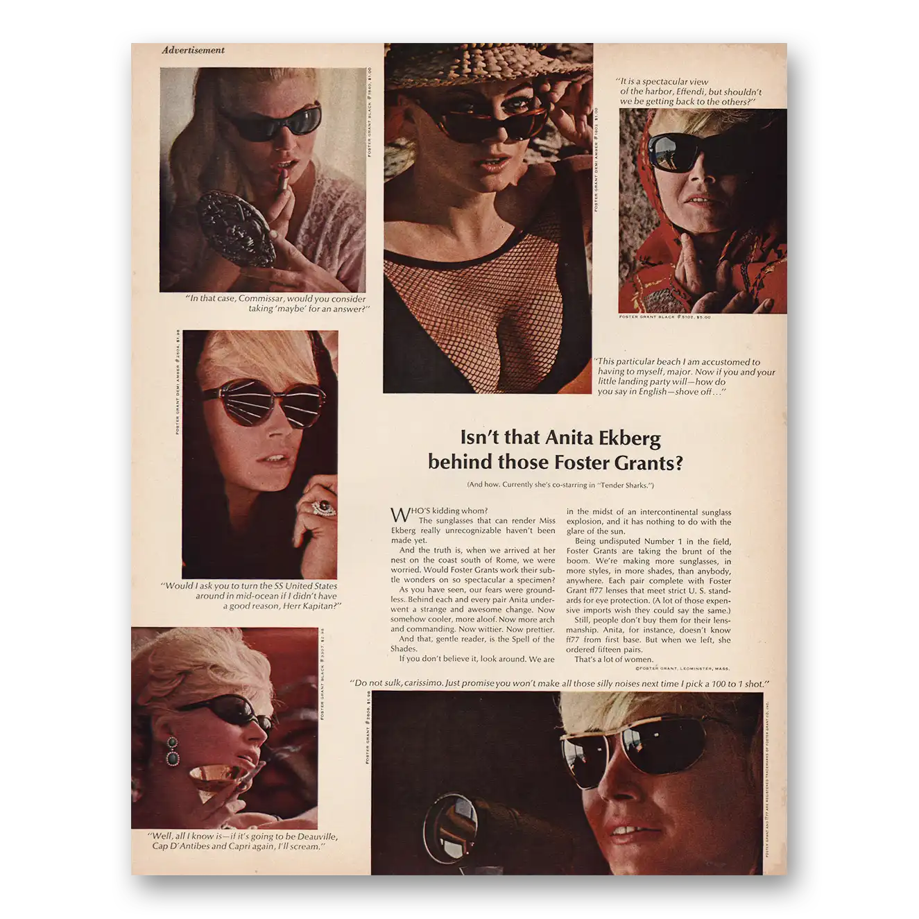 1966 Foster Grant Isn't That Anita Ekberg Vintage Magazine Print Ad