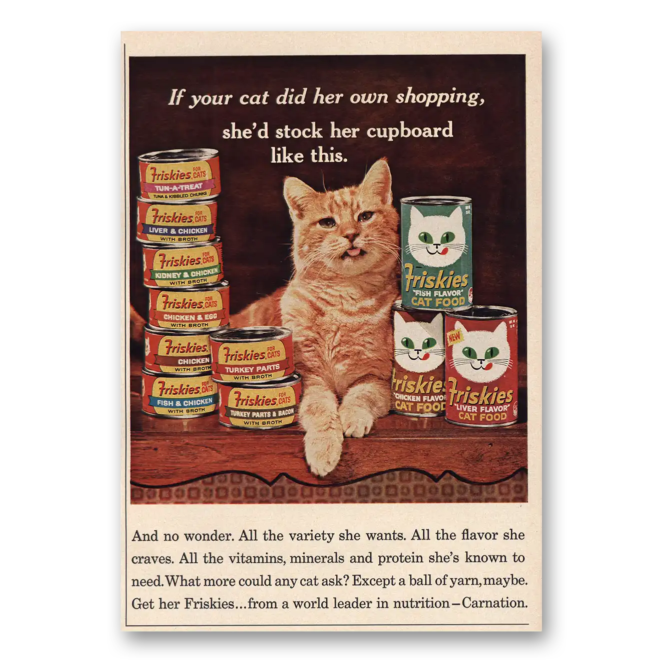 1966 Friskies Cat Food Cat Did Her Own Shopping Vintage Magazine Print Ad