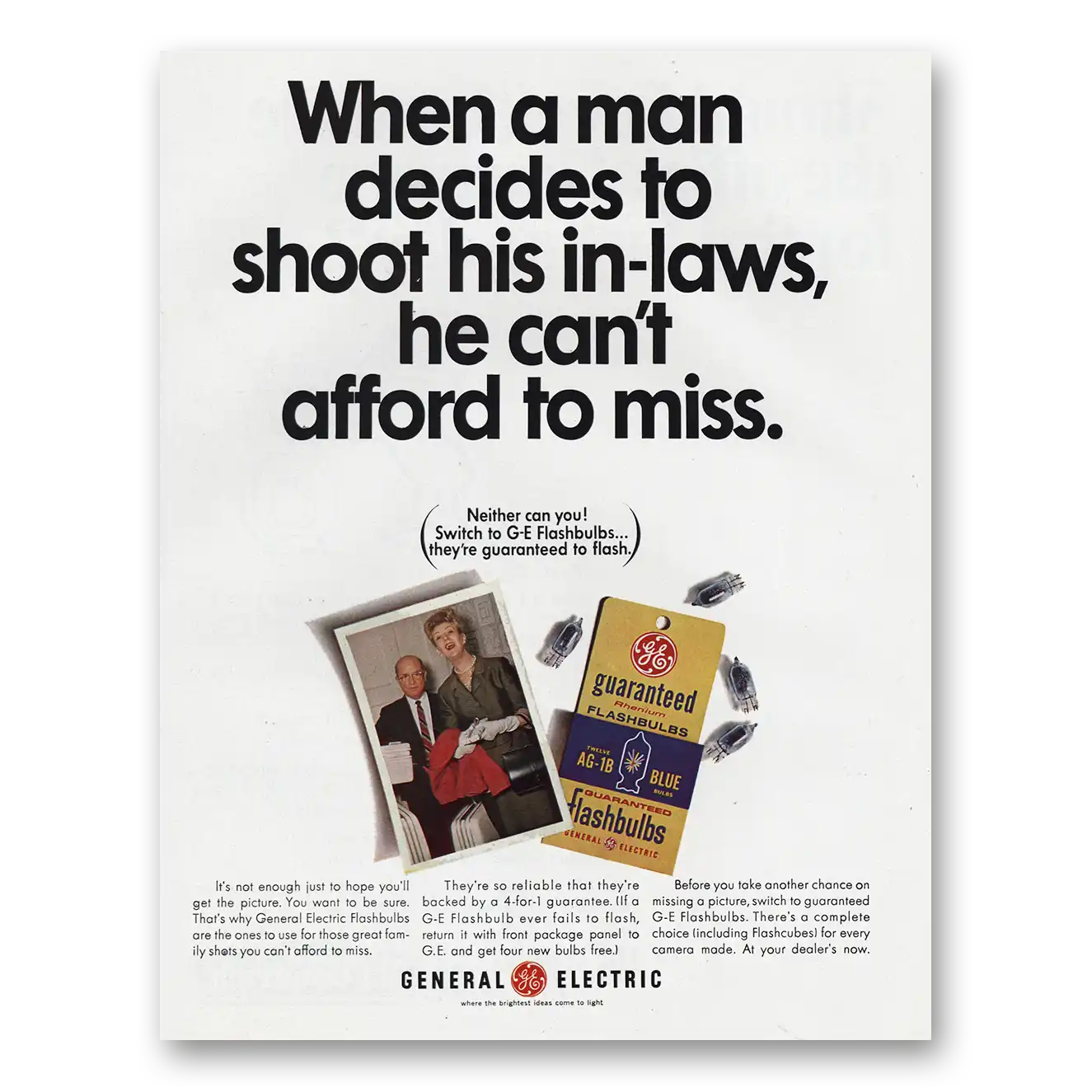 1966 General Electric Flashbulbs Man Decides to Shoot His In Laws Vintage Magazine Print Ad