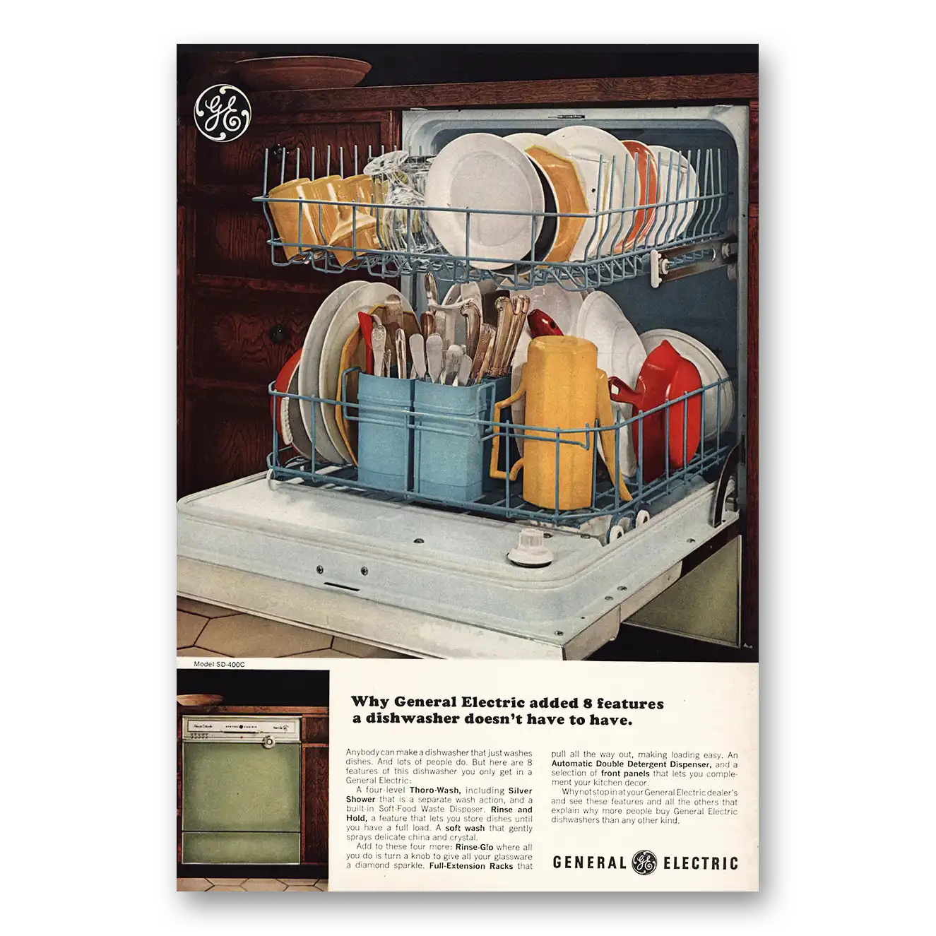 1966 General Electric Dishwasher Added 8 Features Vintage Magazine Print Ad