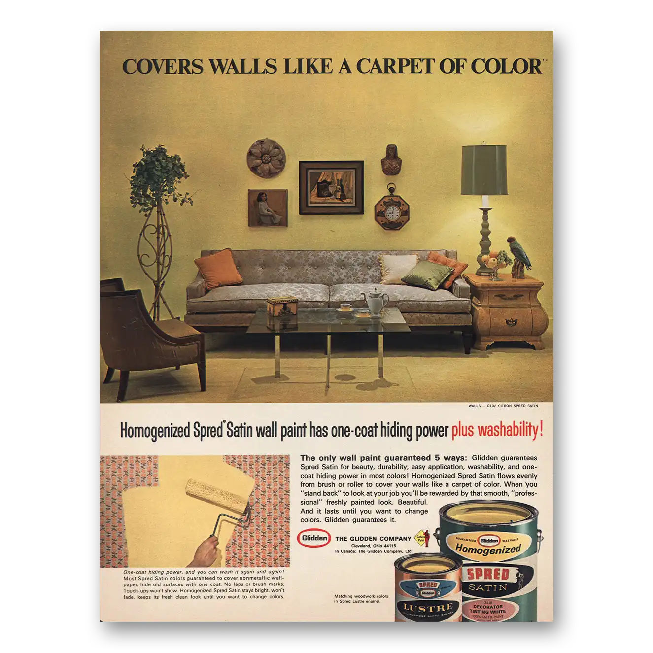 1966 Glidden Covers Walls Like Carpet of Color Vintage Magazine Print Ad