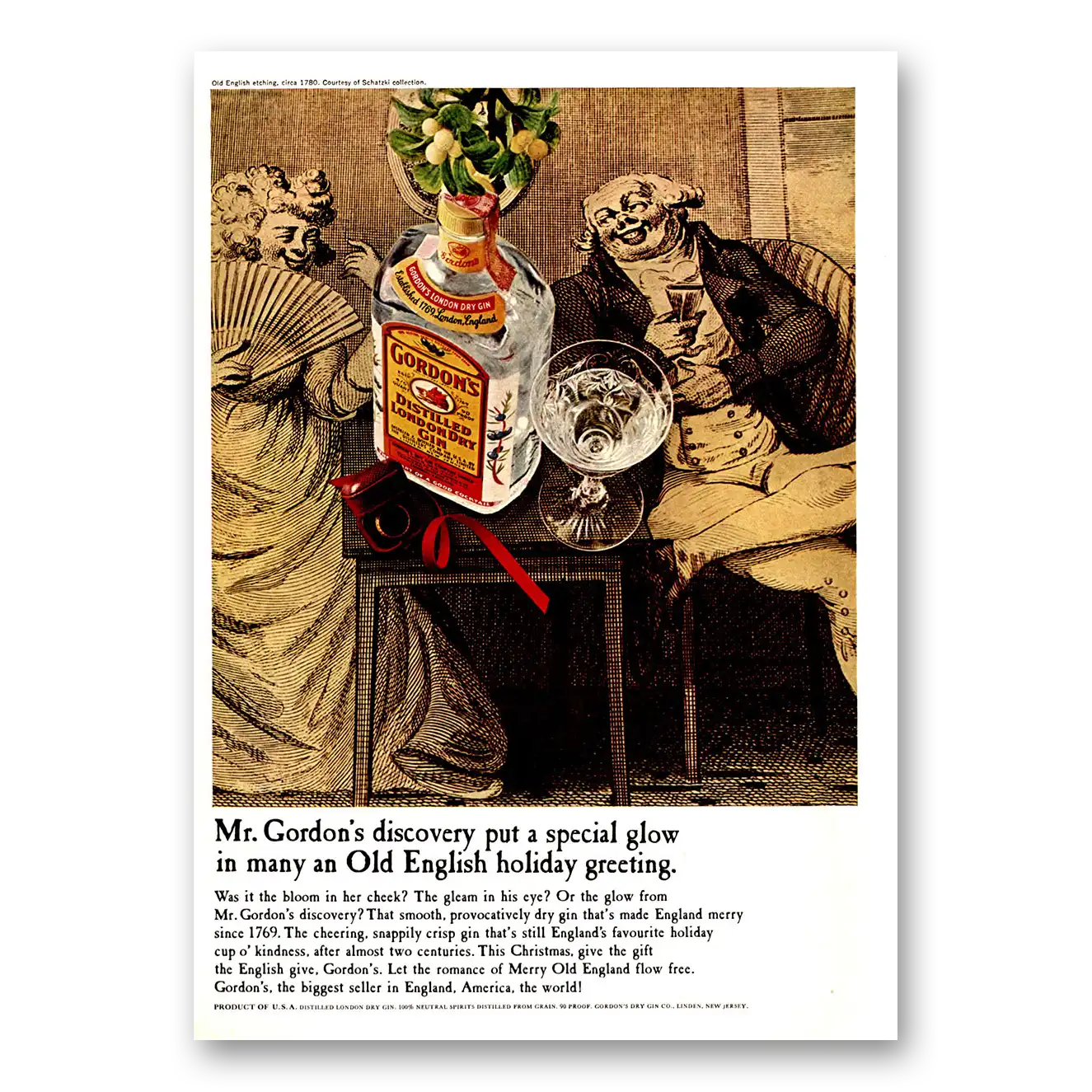 1966 Gordons Gin Old English Holiday Greeting Vintage Magazine Print Ad