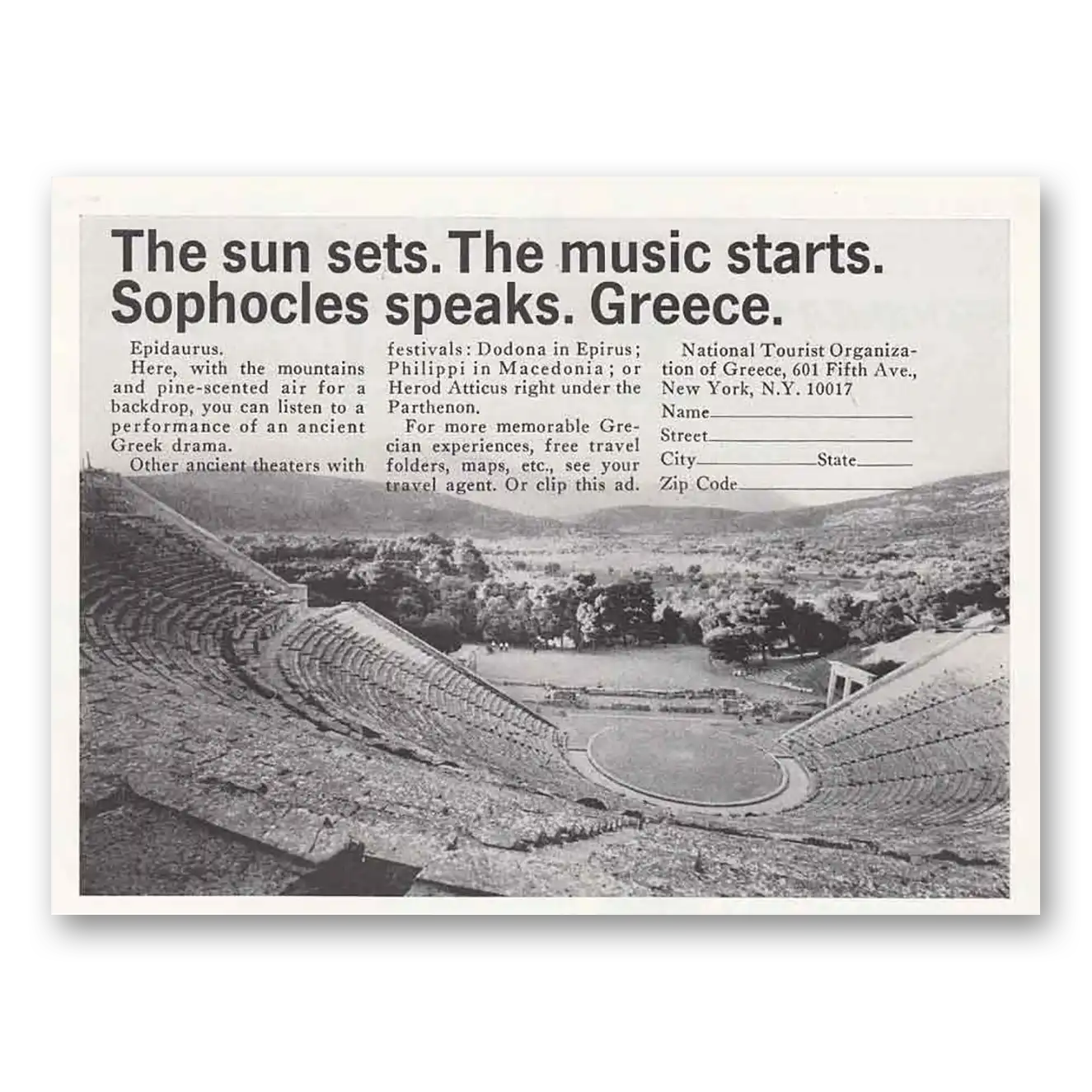 1966 Greece Sun Sets The Music Starts Vintage Magazine Print Ad