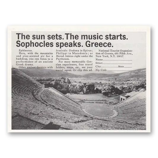 1966 Greece Sun Sets The Music Starts Vintage Magazine Print Ad