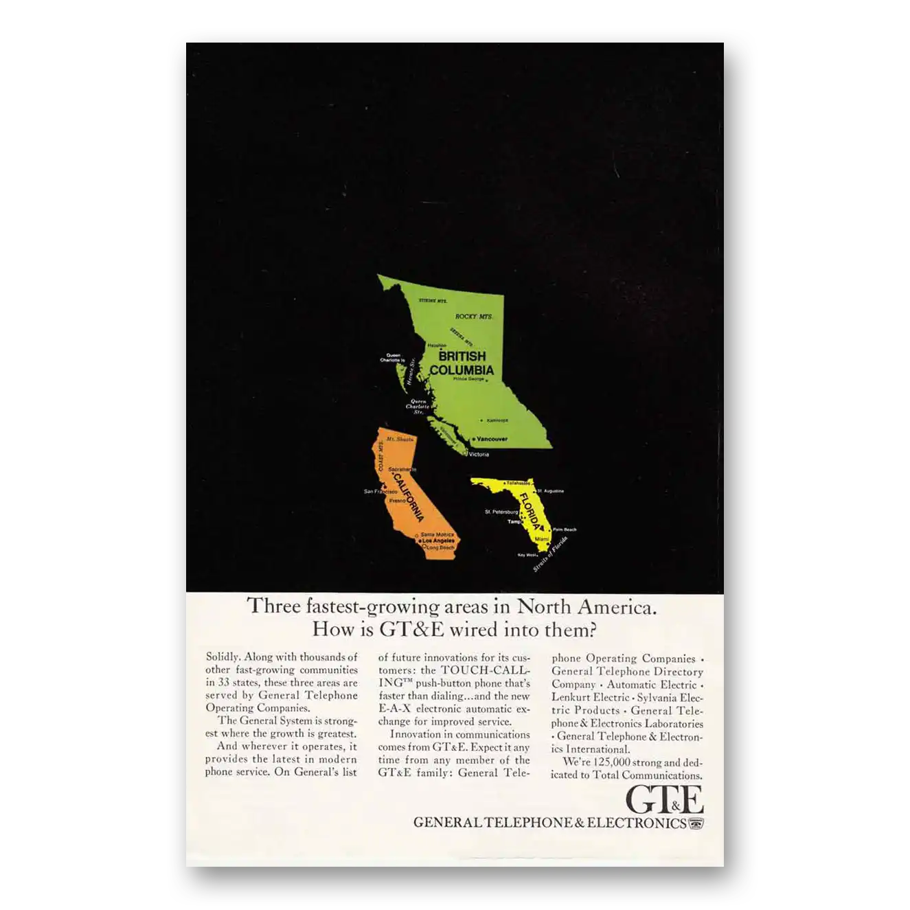 1967 General Telephone GTE Fastest Growing North America Vintage Magazine Print Ad