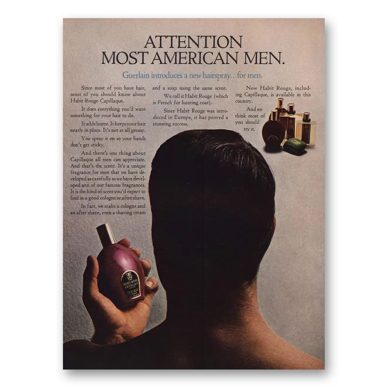 1966 Habit Rouge Cologne Attention Most American Men Hairspray Vintage Magazine Print Ad