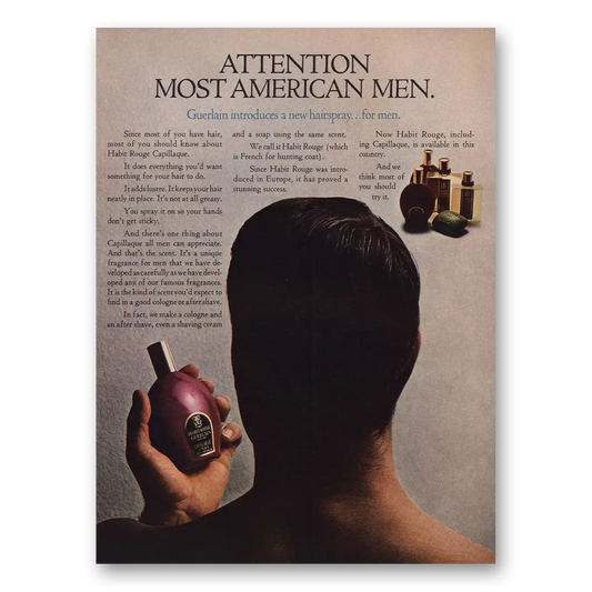 1966 Habit Rouge Cologne Attention Most American Men Hairspray Vintage Magazine Print Ad