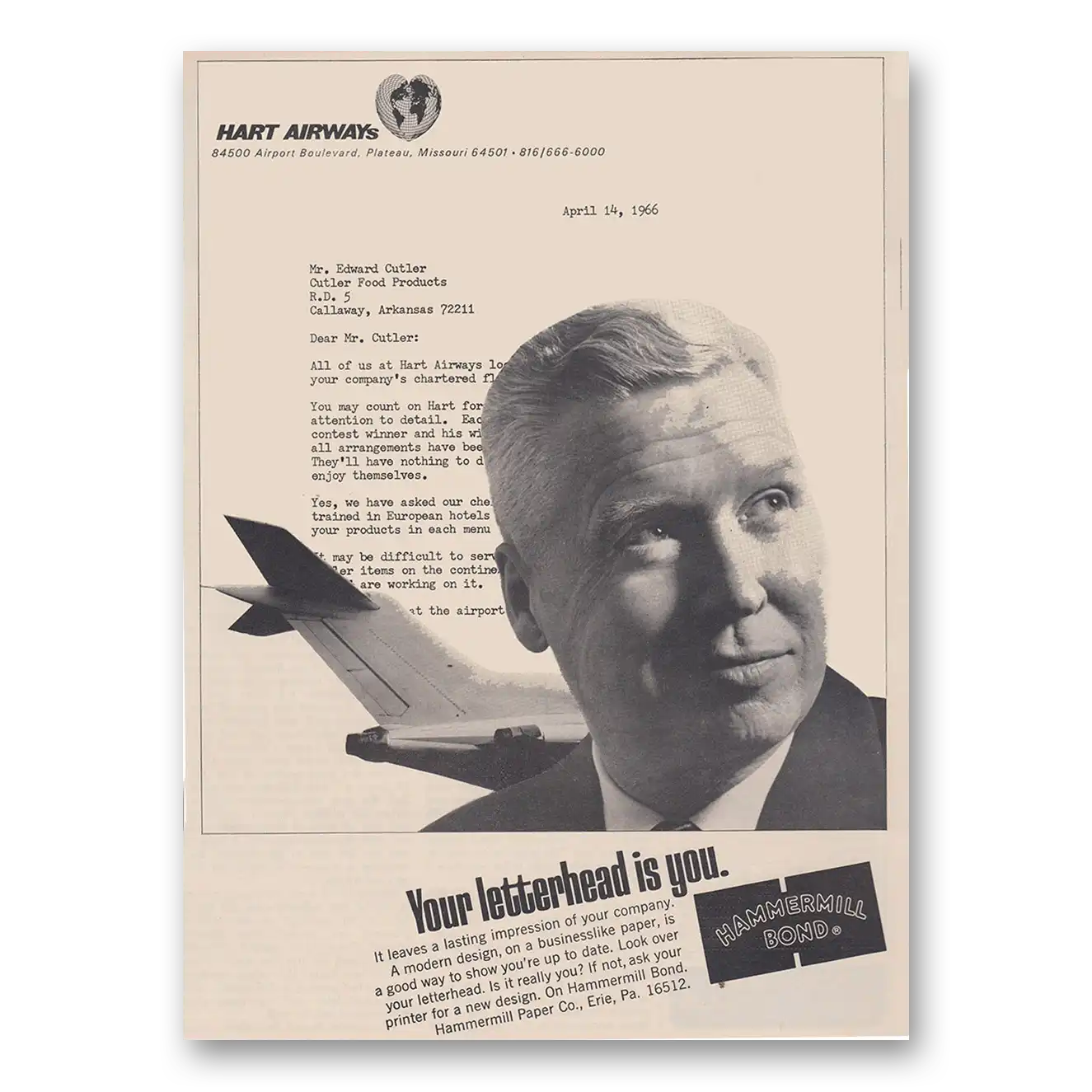 1966 Hammermill Papers Bond Paper Hart Airways Vintage Magazine Print Ad