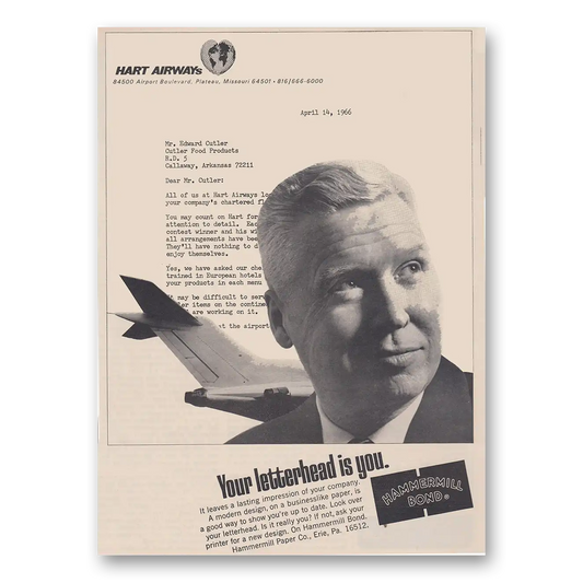 1966 Hammermill Papers Bond Paper Hart Airways Vintage Magazine Print Ad