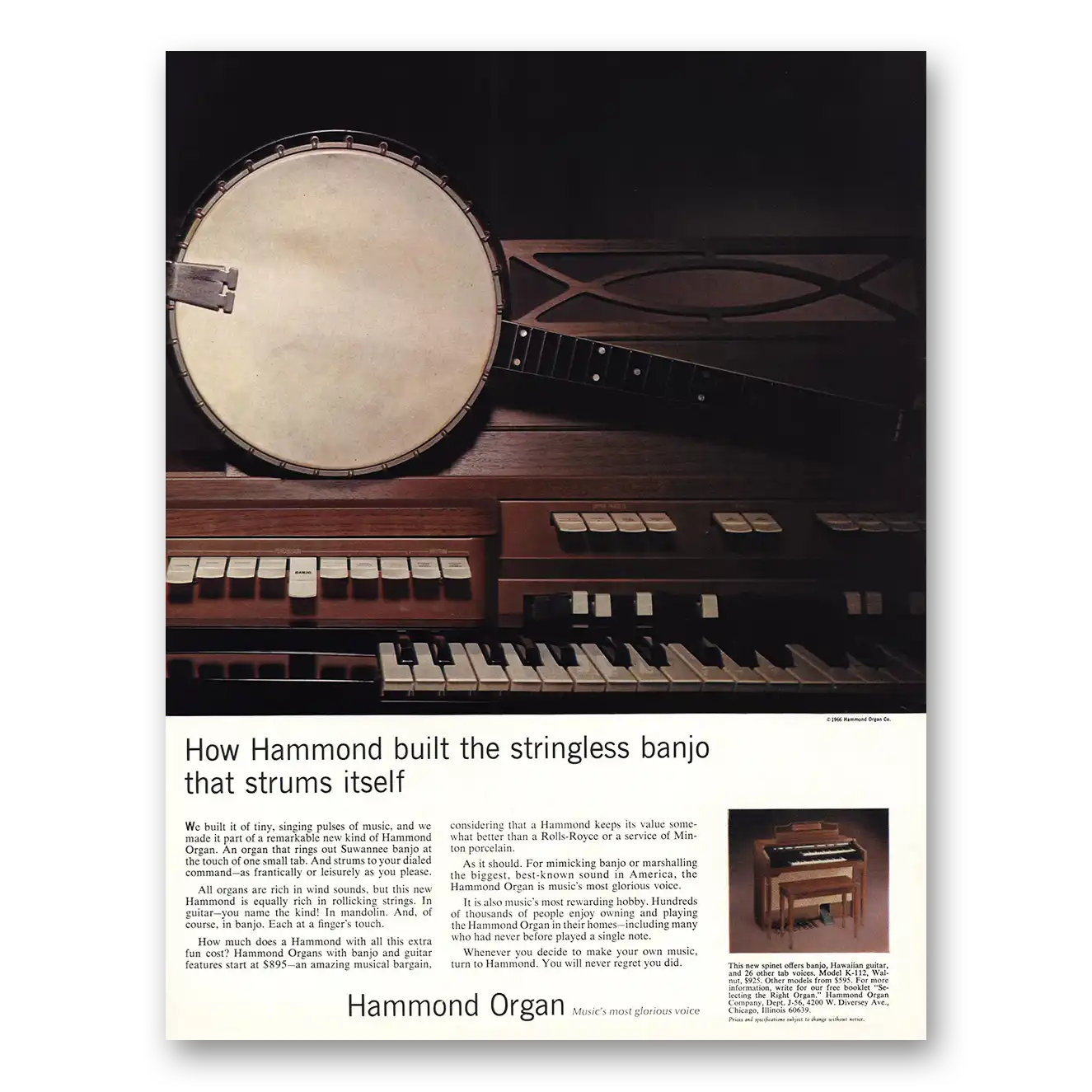 1966 Hammond Organ Built the Stringless Banjo Strums Itself Vintage Magazine Print Ad