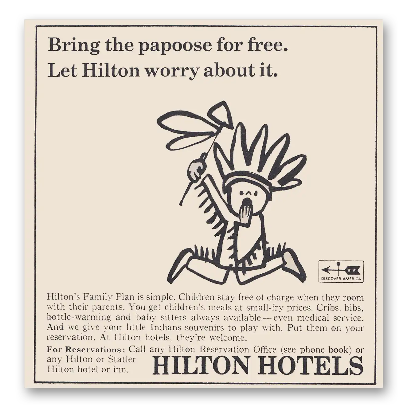 1966 Hilton Hotels Bring the Papoose For Free Vintage Magazine Print Ad