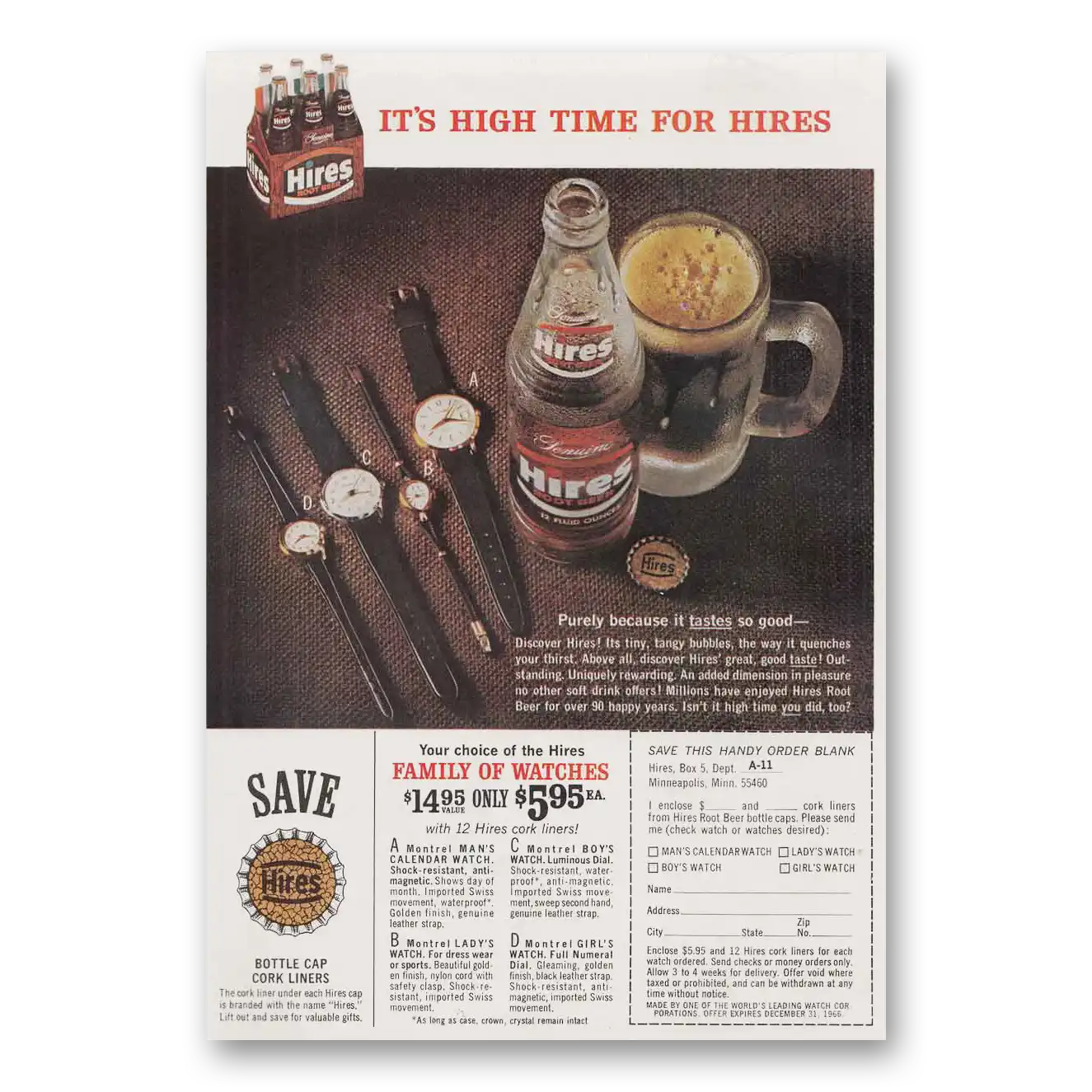 1966 Hires Root Beer High Time for Hires Vintage Magazine Print Ad