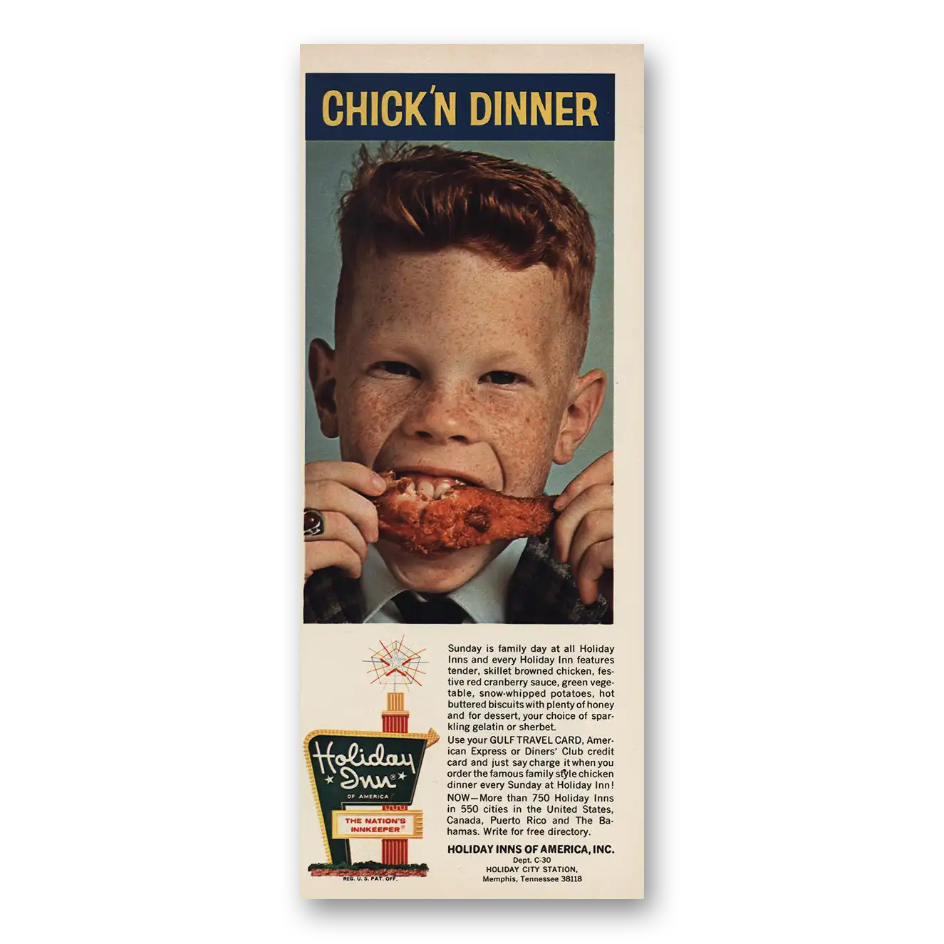 1966 Holiday Inn Chick n Dinner Sunday Family Day Vintage Magazine Print Ad