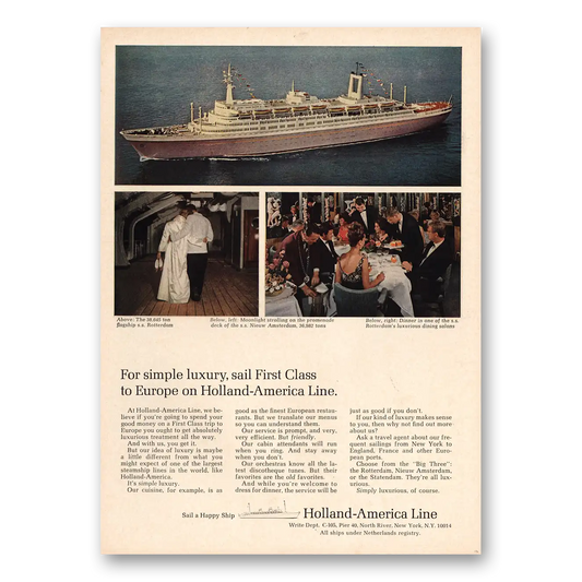 1966 Holland America Line Simple Luxury Sail First Class Vintage Magazine Print Ad