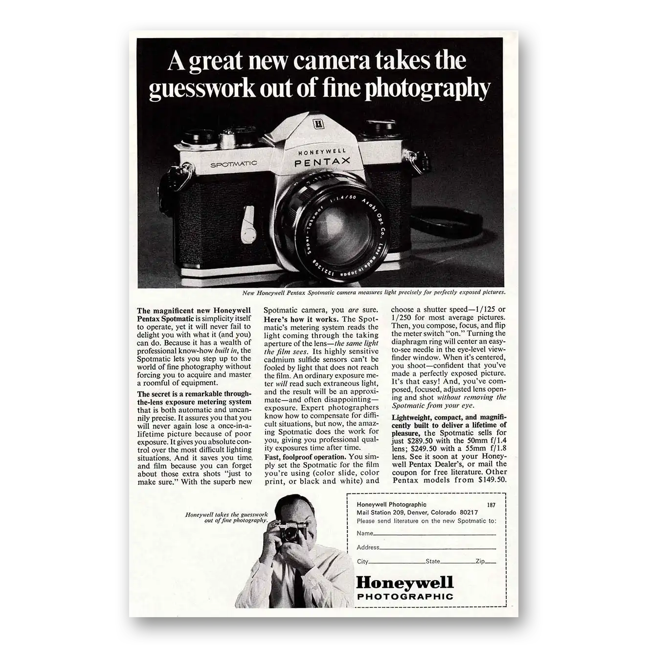 1966 Pentax Spotmatic Camera Takes the Guesswork Out Vintage Magazine Print Ad