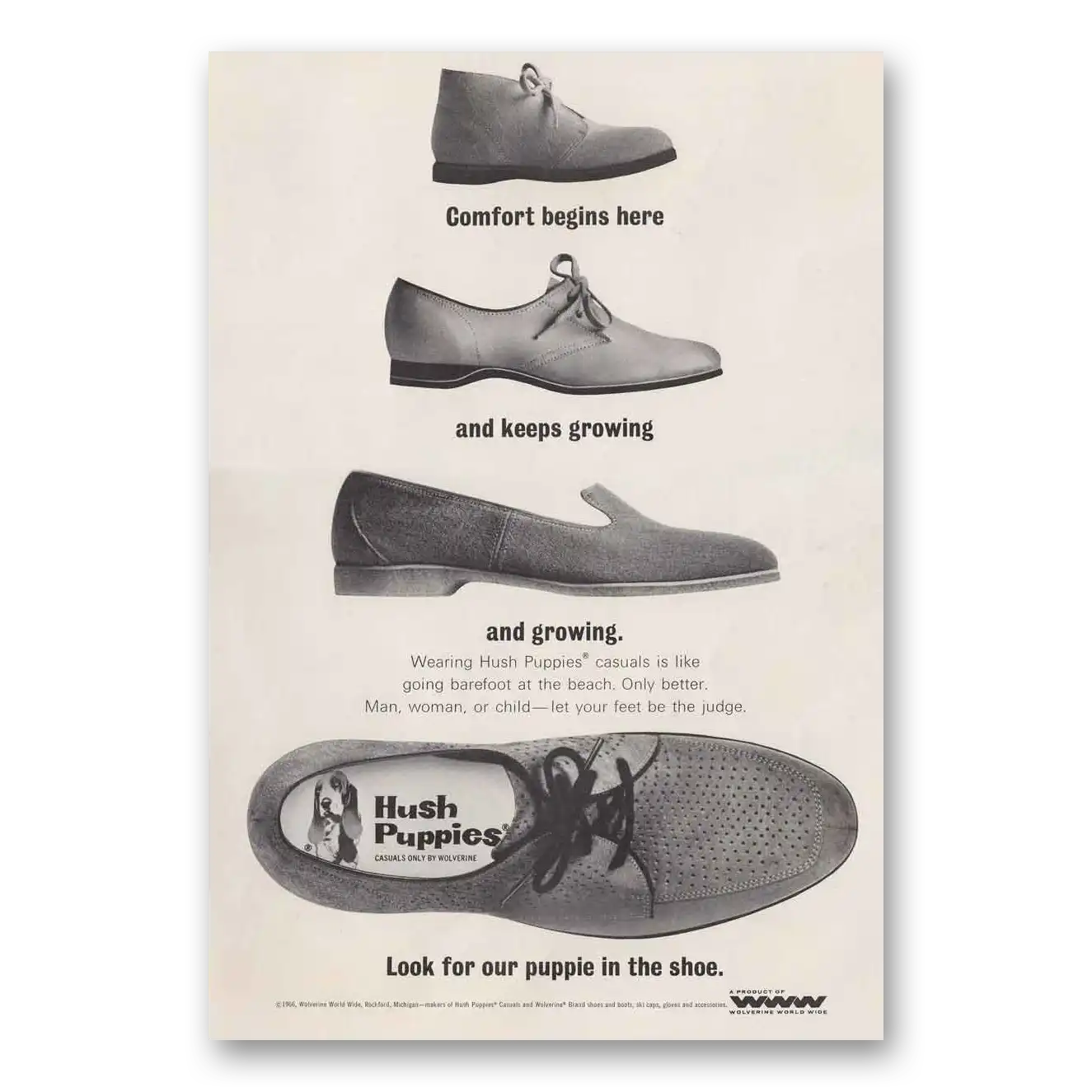 1966 Hush Puppies Comfort Begins Here Vintage Magazine Print Ad