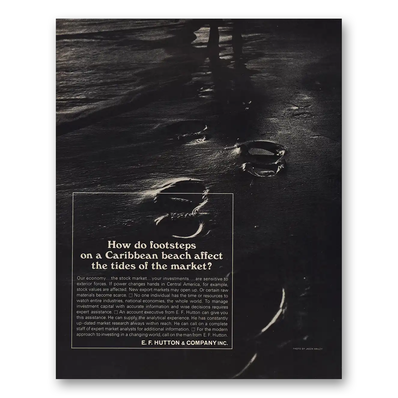 1966 EF Hutton Footsteps On a Caribbean Beach Vintage Magazine Print Ad