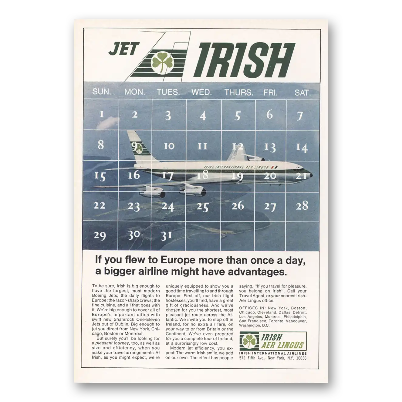 1966 Irish Aer Lingus Flew to Europe More Than Once a Day Vintage Magazine Print Ad