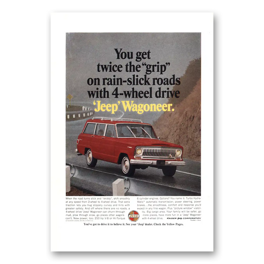 1966 Jeep Wagoneer Rain Slick Roads Vintage Magazine Print Ad