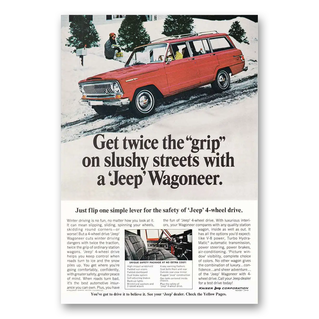 1966 Jeep Wagoneer Twice the Grip Red Snow Vintage Magazine Print Ad