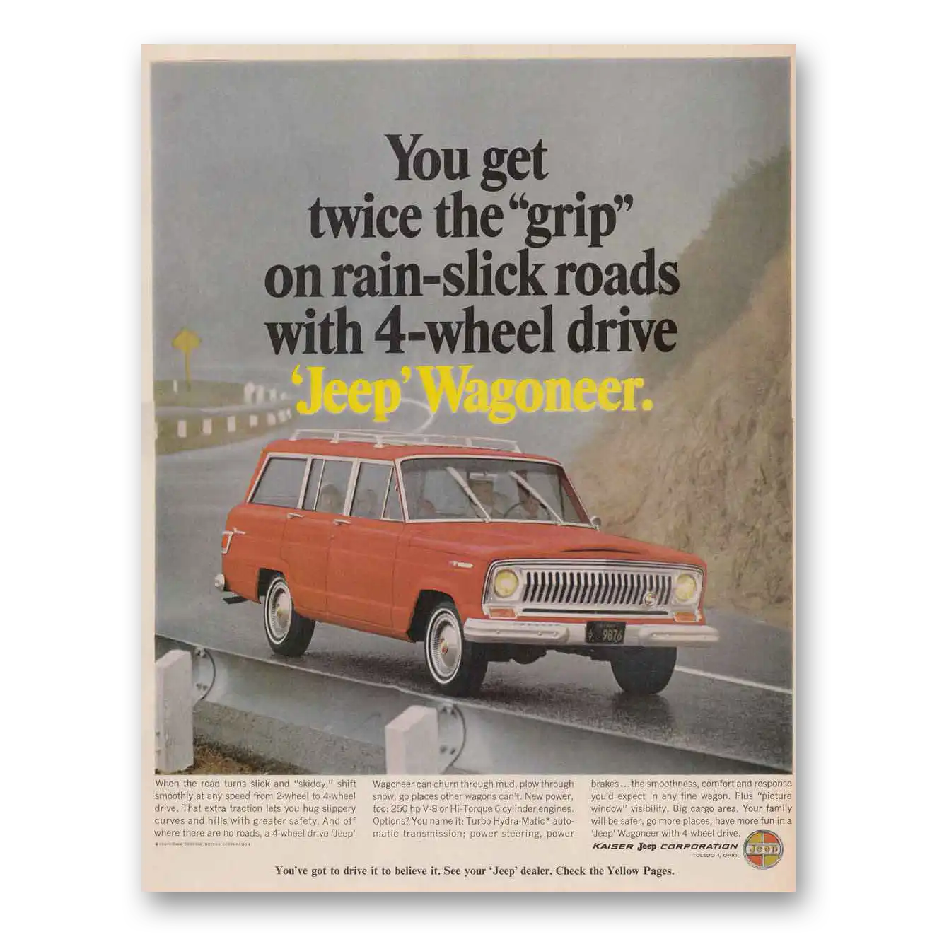 1966 Jeep Wagoneer Twice the Grip Rain Slick Roads Vintage Magazine Print Ad