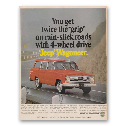 1966 Jeep Wagoneer Twice the Grip Rain Slick Roads Vintage Magazine Print Ad