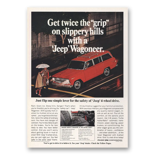 1966 Jeep Wagoneer Twice the Grip On Slippery Hills Vintage Magazine Print Ad