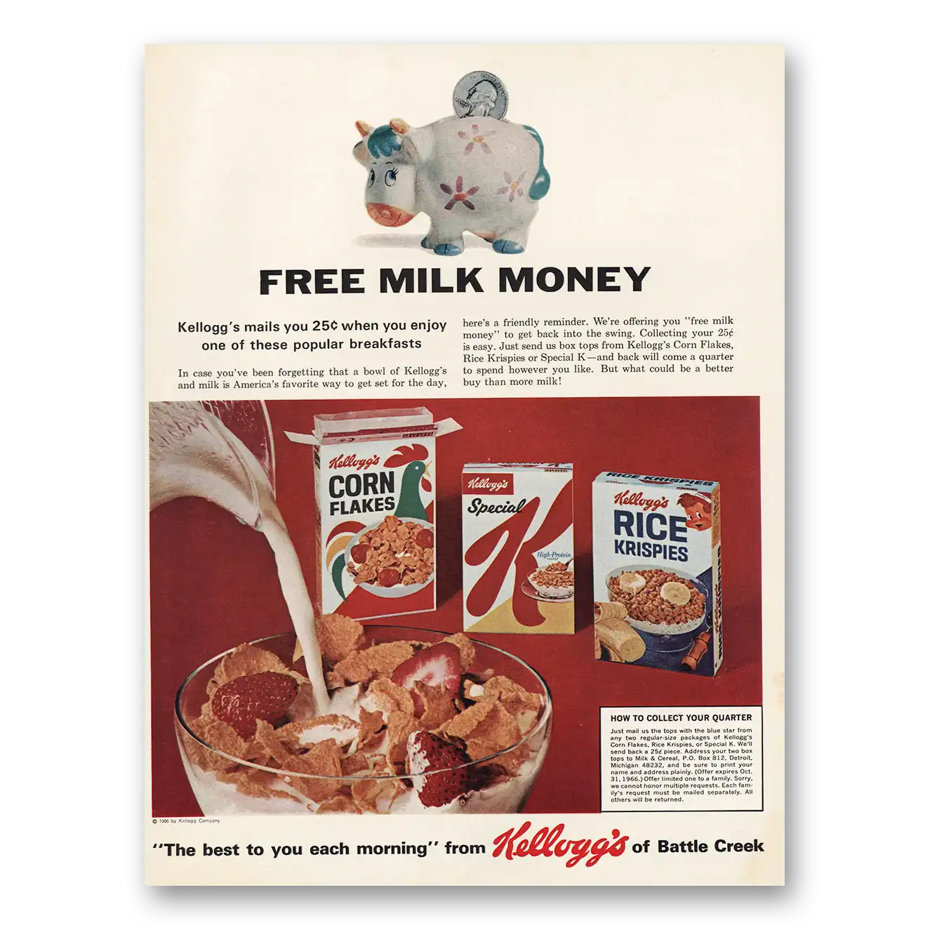 1966 Kelloggs Cereals Free Milk Money Vintage Magazine Print Ad