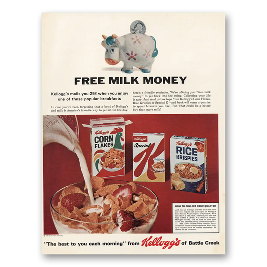 1966 Kelloggs Cereals Free Milk Money Vintage Magazine Print Ad