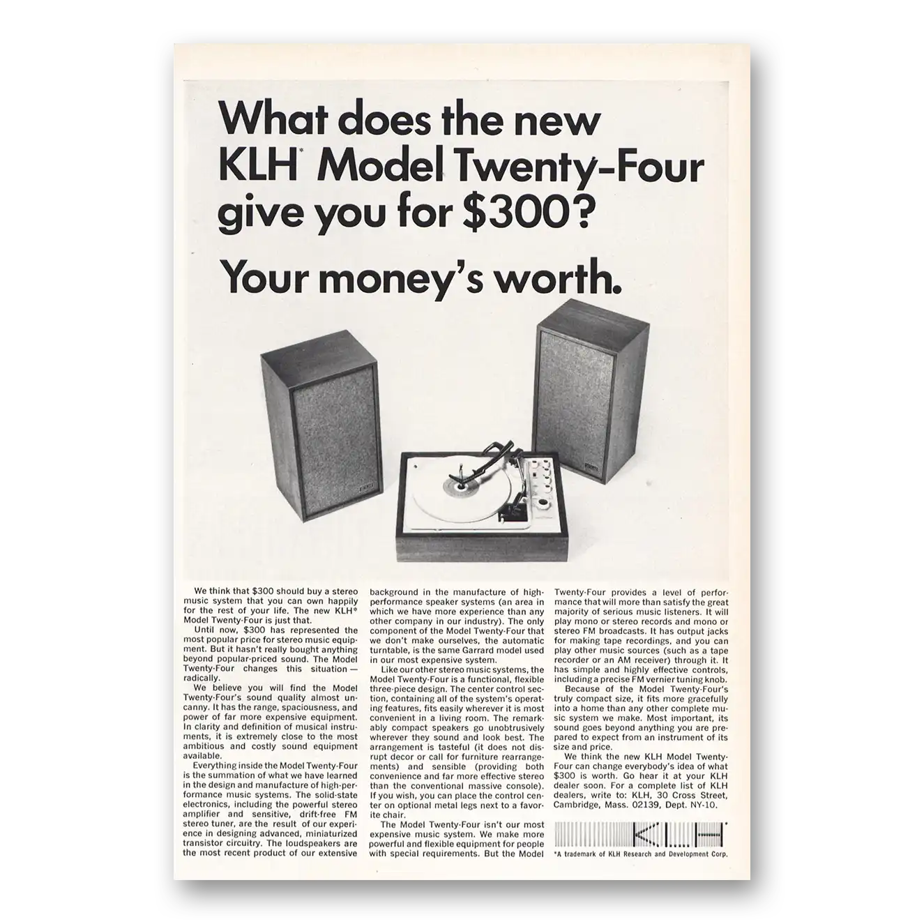 1966 KLH Stereos Model Twenty Four Vintage Magazine Print Ad