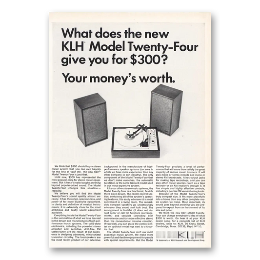 1966 KLH Stereos Model Twenty Four Vintage Magazine Print Ad