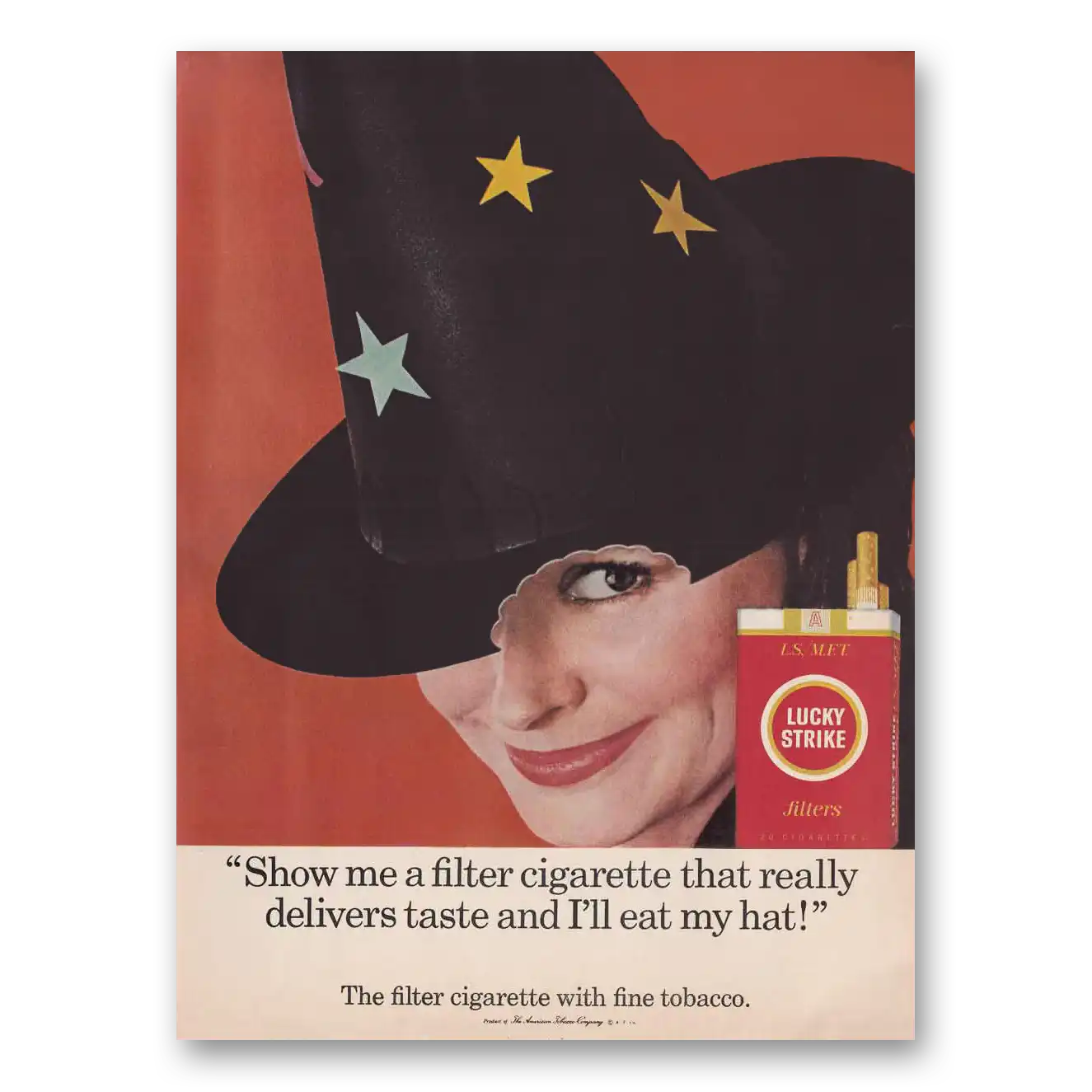 1966 Lucky Strike Cigarettes Show Me a Filter Cigarette That Really Delivers Taste and I'll Eat My Hat Vintage Magazine Print Ad