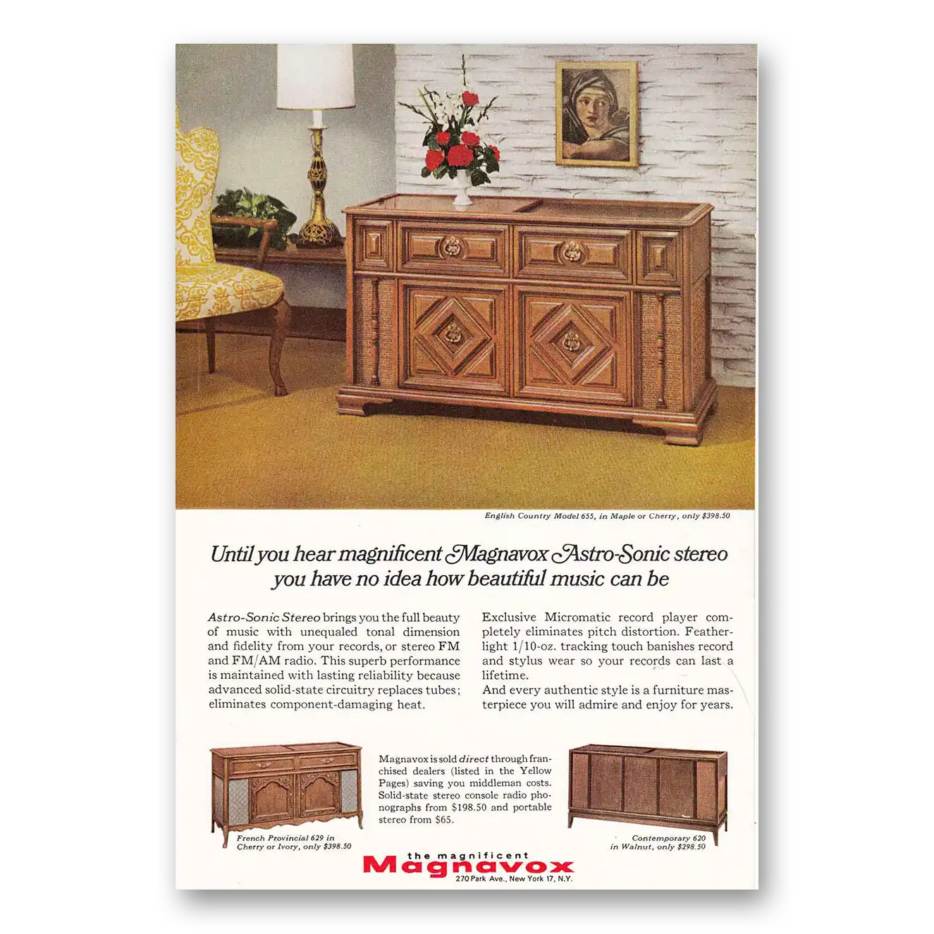 1966 Magnavox Radio Phonograph English Country Model 655 Vintage Magazine Print Ad