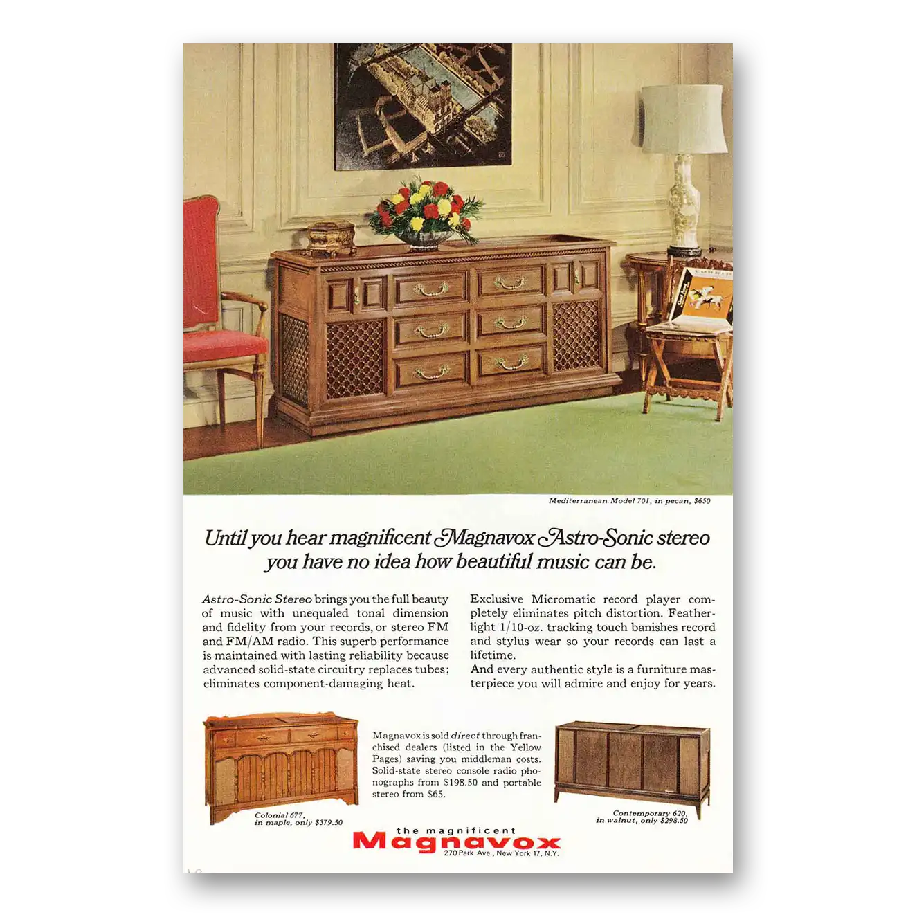 1966 Magnavox Astro Sonic Stereo Mediterranean Model 701 Vintage Magazine Print Ad