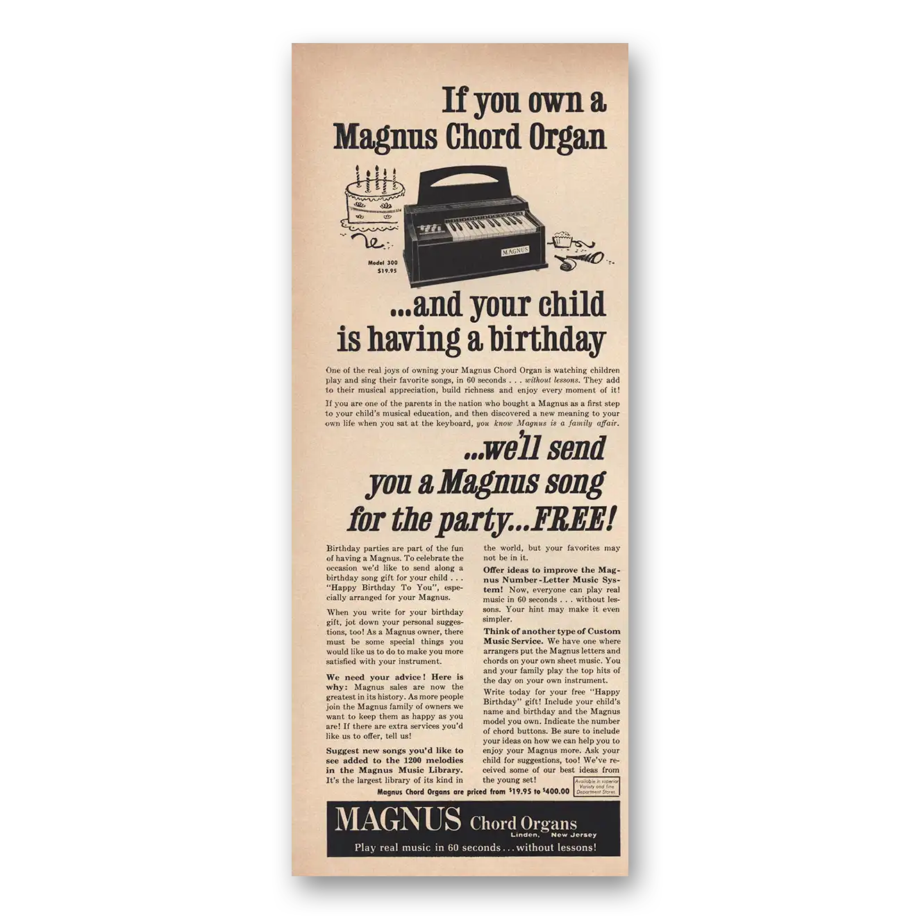 1966 Magnus Organ Child Is Having Birthday Vintage Magazine Print Ad