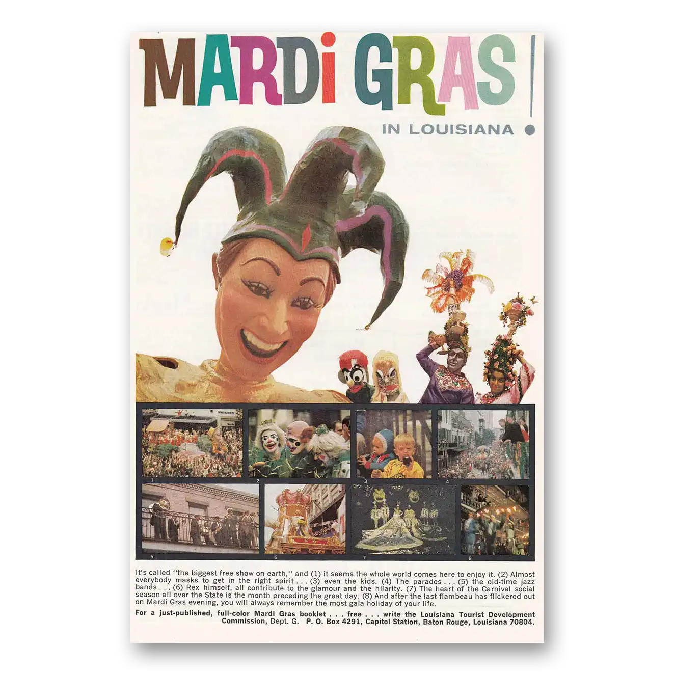 1966 New Orleans Louisiana Mardi Gras Biggest Free Show Vintage Magazine Print Ad