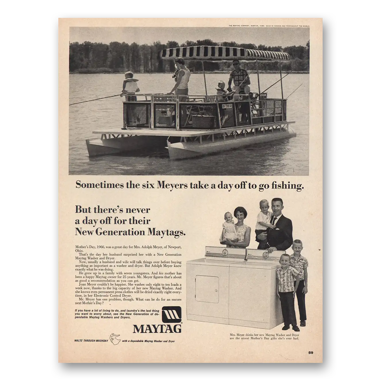 1966 Maytag Washer Dryer Six Meyers Day Off Fishing Vintage Magazine Print Ad