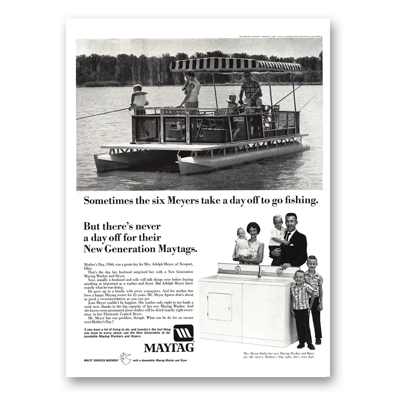 1966 Maytag Washer Dryer Six Meyers Take a Day Off to Go Fishing Vintage Magazine Print Ad