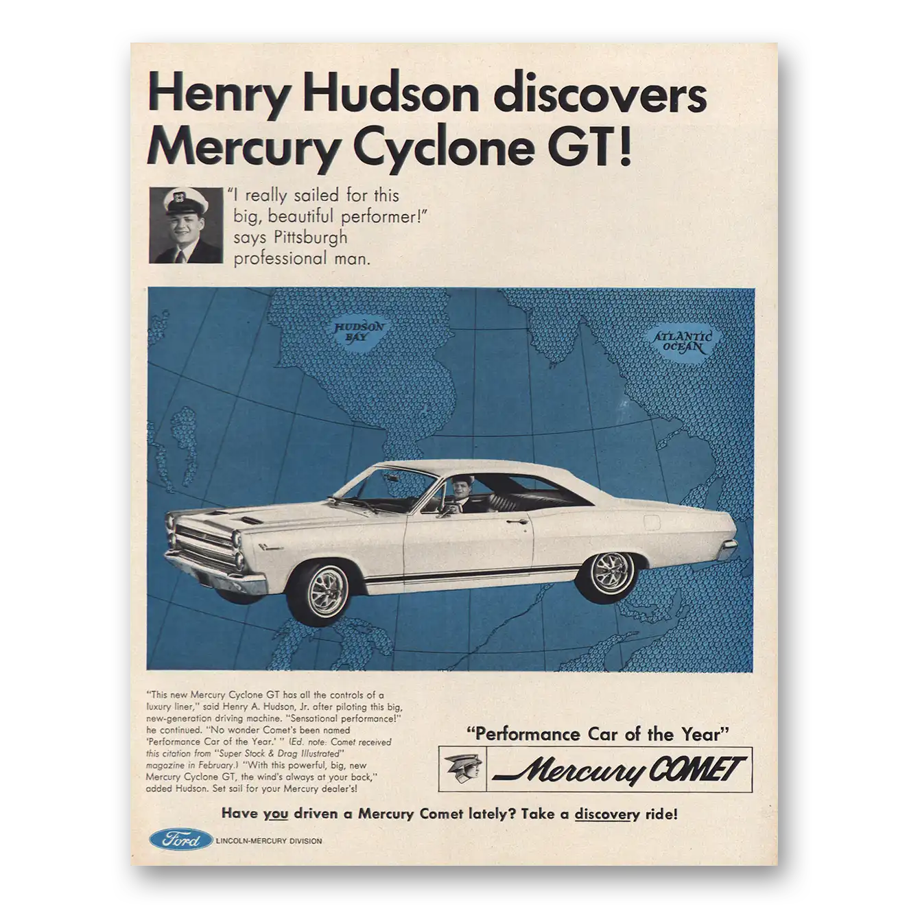 1966 Mercury Comet Cyclone GT Henry Hudson Discovers Vintage Magazine Print Ad