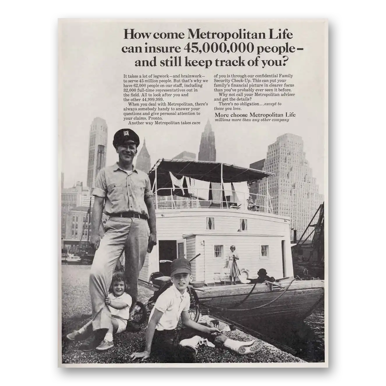 1966 Metropolitan Life Insurance Houseboat Still Keep Track of You Vintage Magazine Print Ad