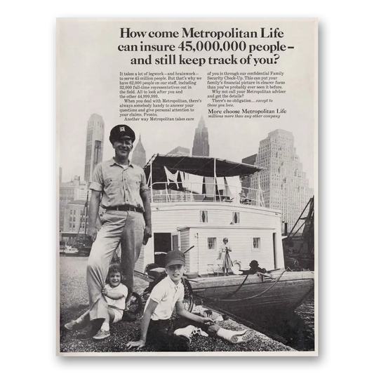 1966 Metropolitan Life Insurance Houseboat Still Keep Track of You Vintage Magazine Print Ad