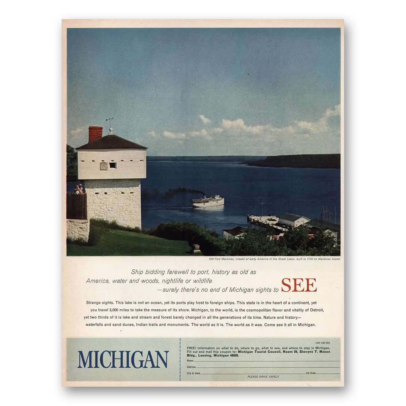 1966 Michigan Old Fort Mackinac Vintage Magazine Print Ad