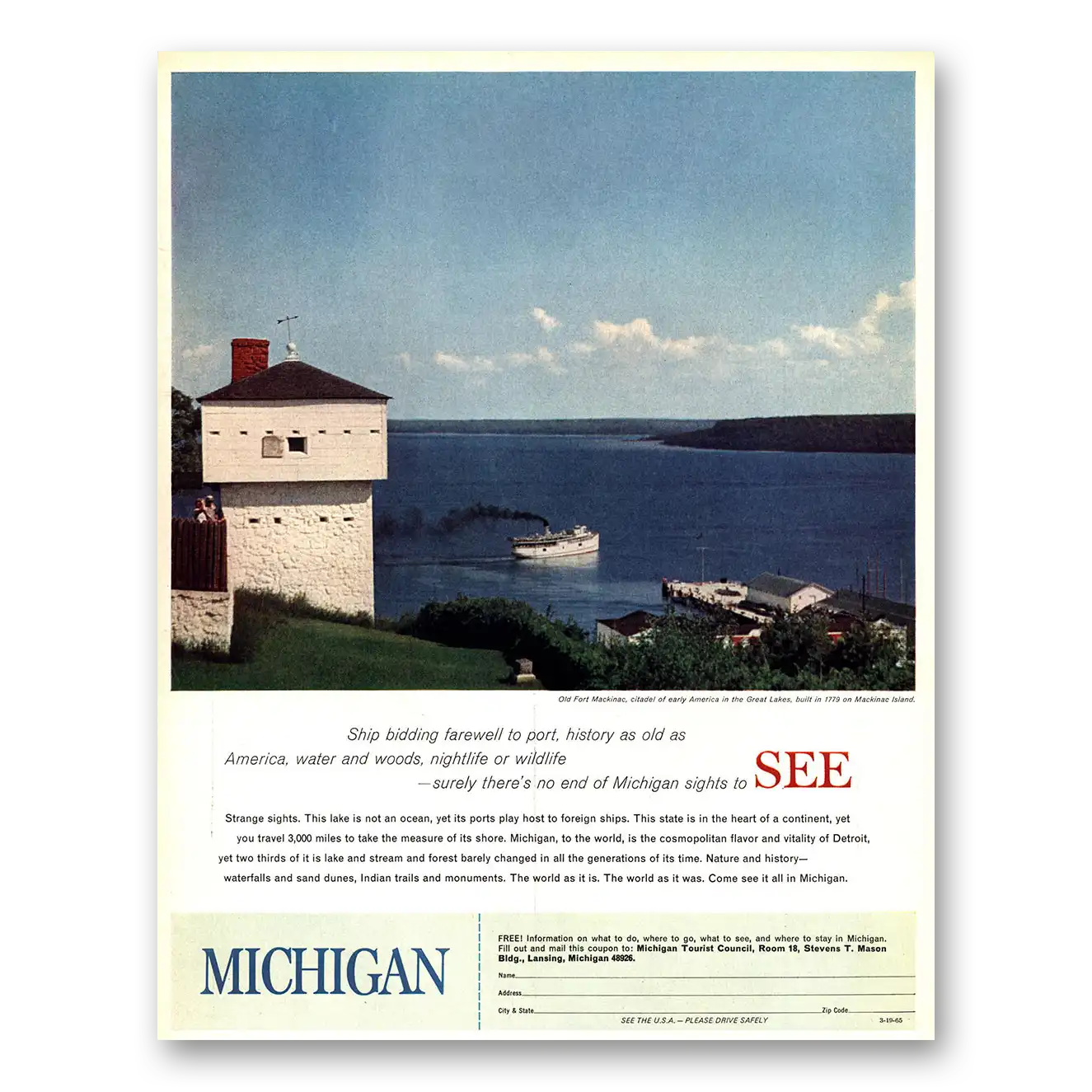 1966 Michigan Ship Bidding Farewell to Port Fort Mackinac Vintage Magazine Print Ad