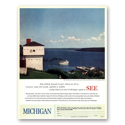 1966 Michigan Ship Bidding Farewell to Port Fort Mackinac Vintage Magazine Print Ad