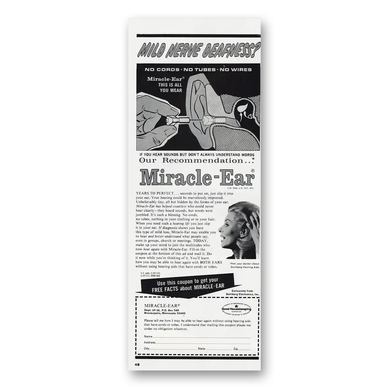 1966 Miracle Ear Mild Nerve Deafness Vintage Magazine Print Ad