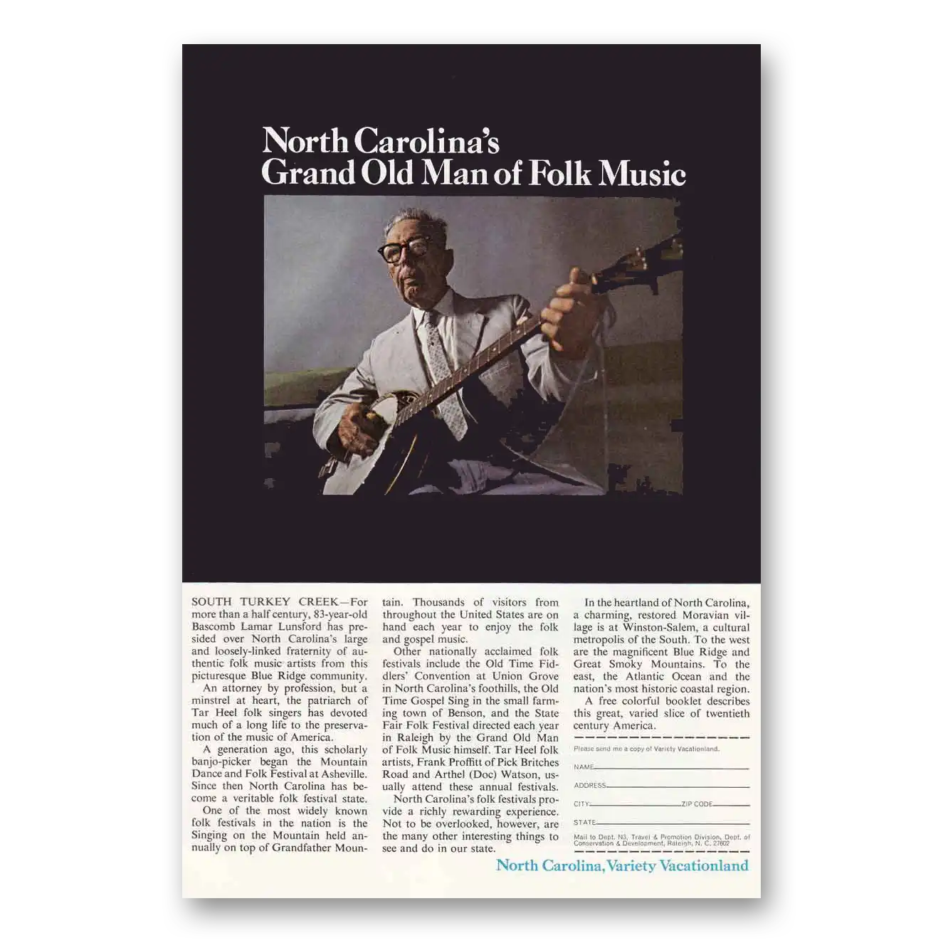 1966 North Carolina Grand Old Man of Folk Music Vintage Magazine Print Ad