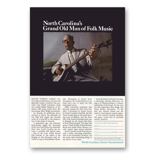 1966 North Carolina Grand Old Man of Folk Music Vintage Magazine Print Ad