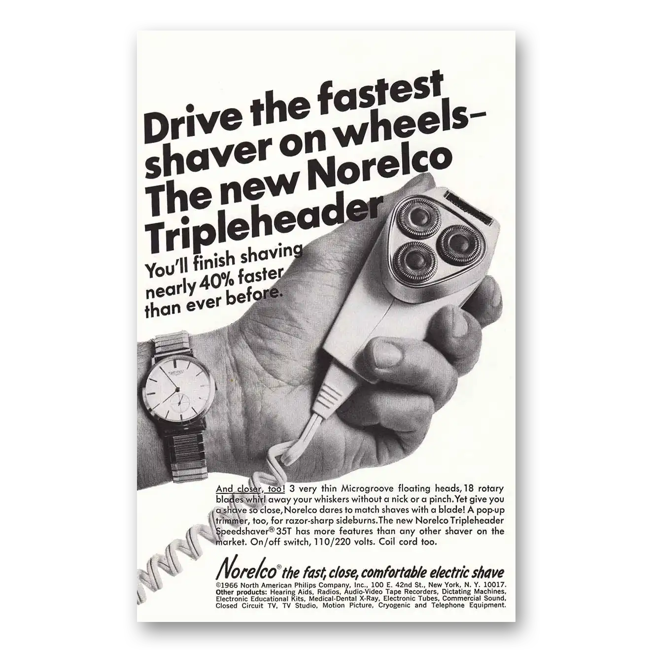 1966 Norelco Tripleheader Shaver Fastest Shaver On Wheels Vintage Magazine Print Ad