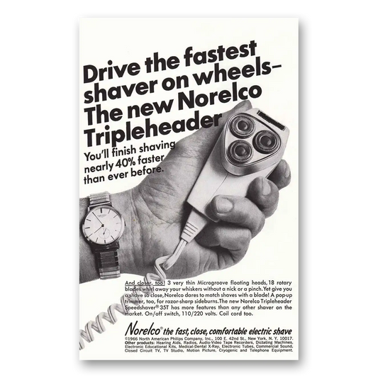 1966 Norelco Tripleheader Shaver Fastest Shaver On Wheels Vintage Magazine Print Ad