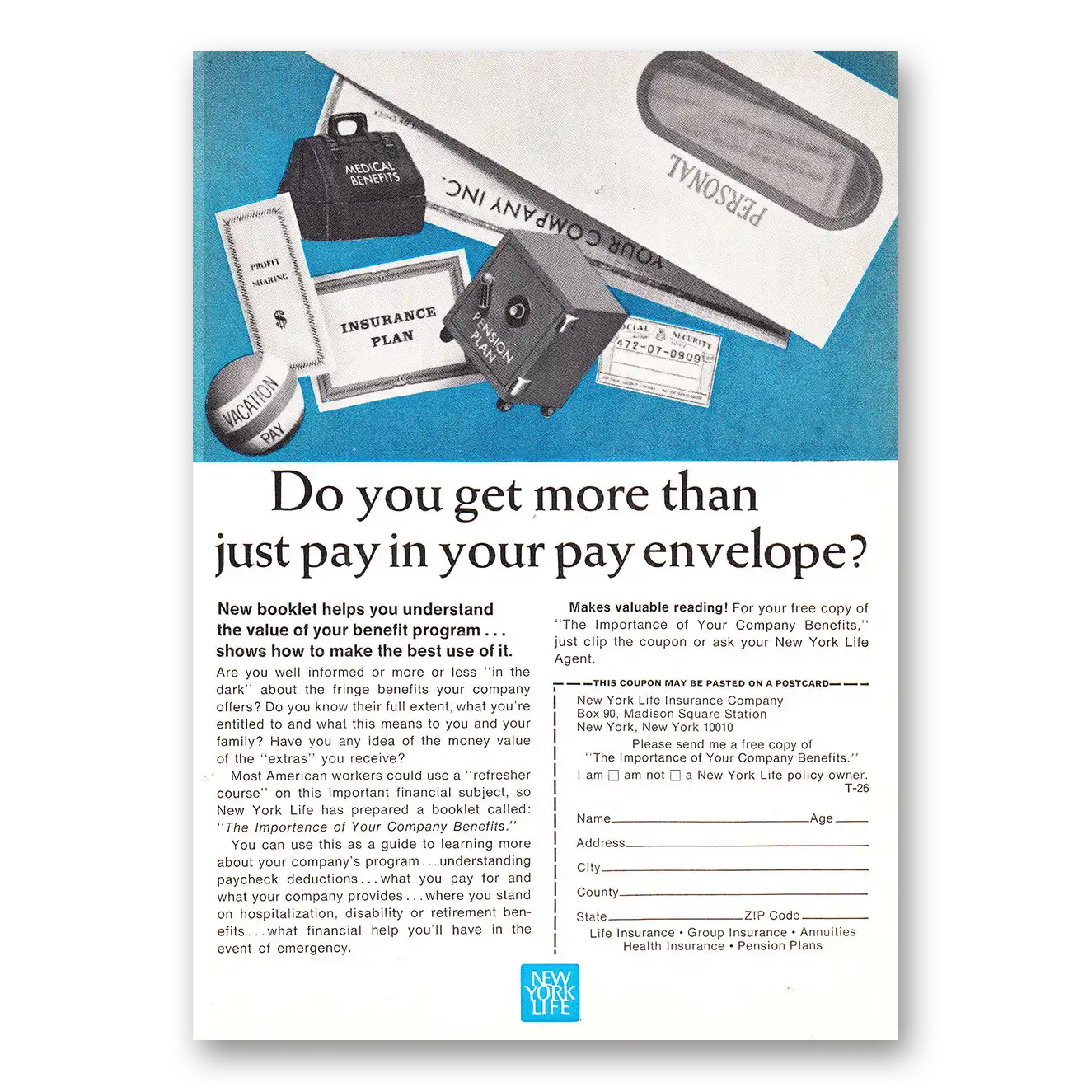 1966 New York Life Insurance Do You Get More Than Just Pay In Your Pay Envelope Vintage Magazine Print Ad